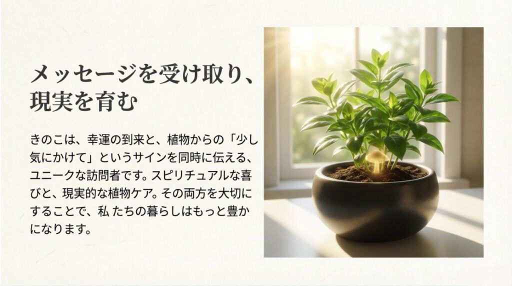 窓際の観葉植物に光が差し込む写真と、幸運と現実的なケアの両方を大切にするメッセージ