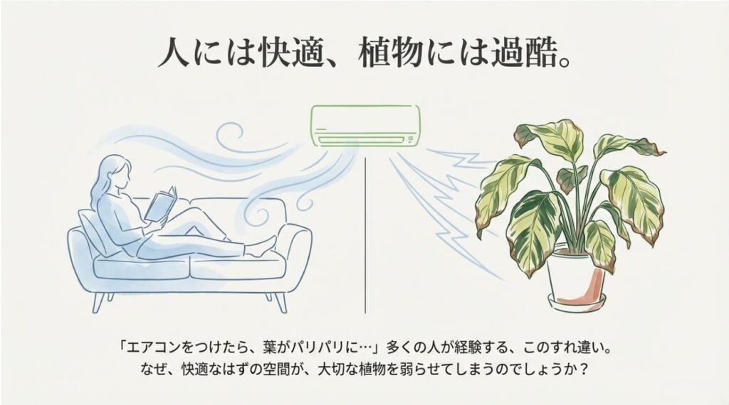 人間にとって快適なエアコンが、なぜ観葉植物の葉をパリパリに枯らしてしまうのか、その理由を問いかけるスライド