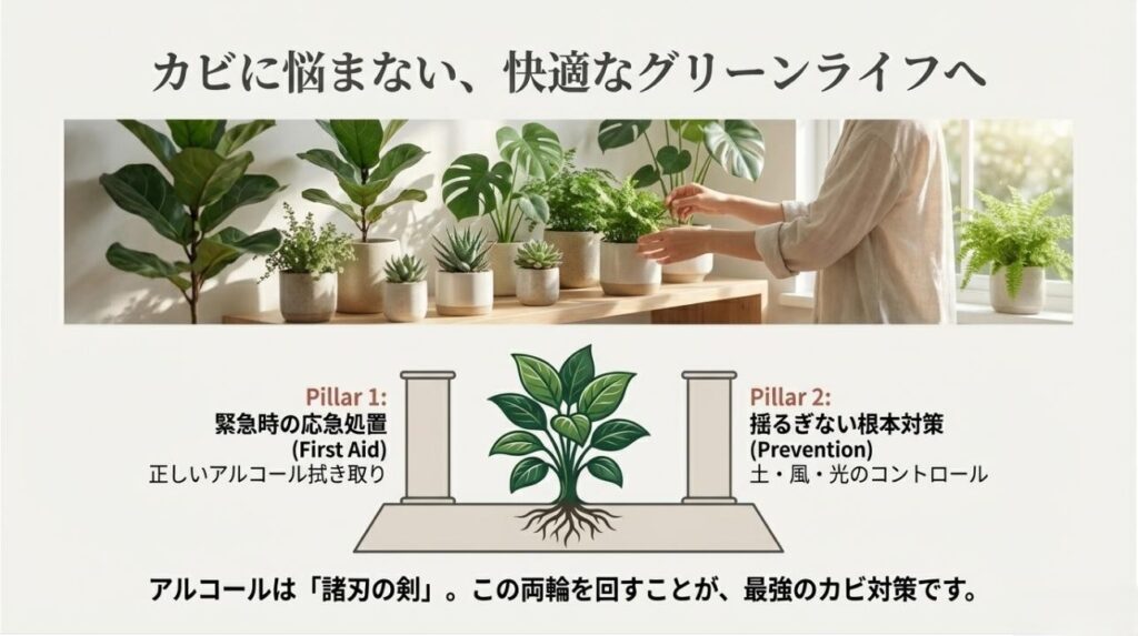 アルコール拭き取り（応急処置）と環境コントロール（根本対策）の2つの柱をまとめた総括スライド