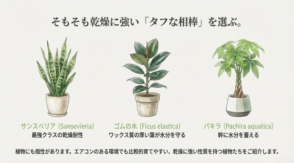 乾燥耐性が最強クラスのサンスベリア、厚い葉で水分を守るゴムの木、幹に貯水するパキラの紹介