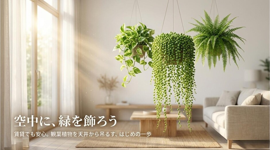 賃貸でも安心な観葉植物を天井から吊るすための安全ガイドのタイトル画像