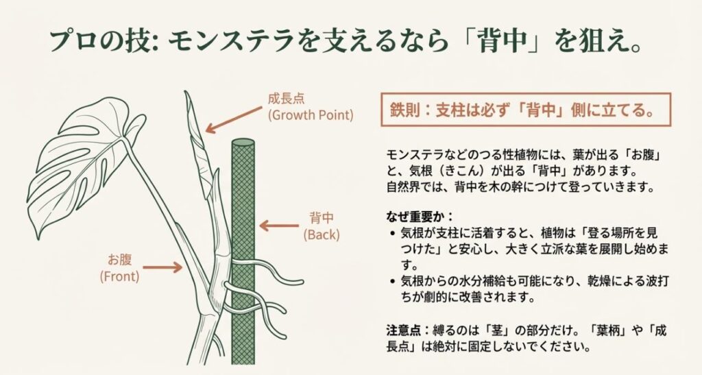 モンステラの「お腹（葉側）」と「背中（気根側）」の見分け方と、背中側に支柱を立てて気根を活着させる重要性を説明した図