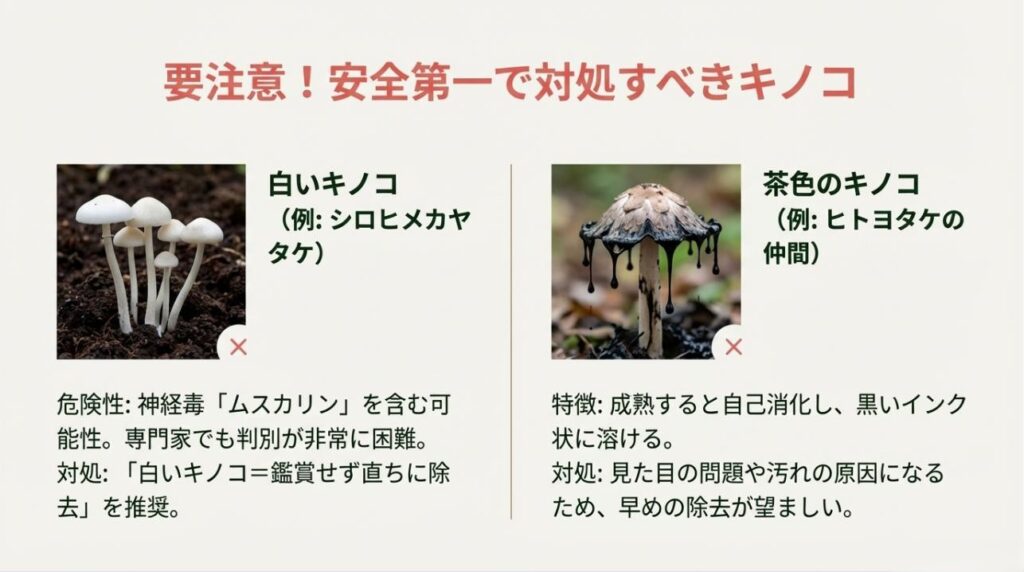 神経毒を含む可能性がある白いきのこ(シロヒメカヤタケなど) や、成熟すると溶ける茶色のきのこ(ヒトヨタケ) の特徴と対処法を説明した画像