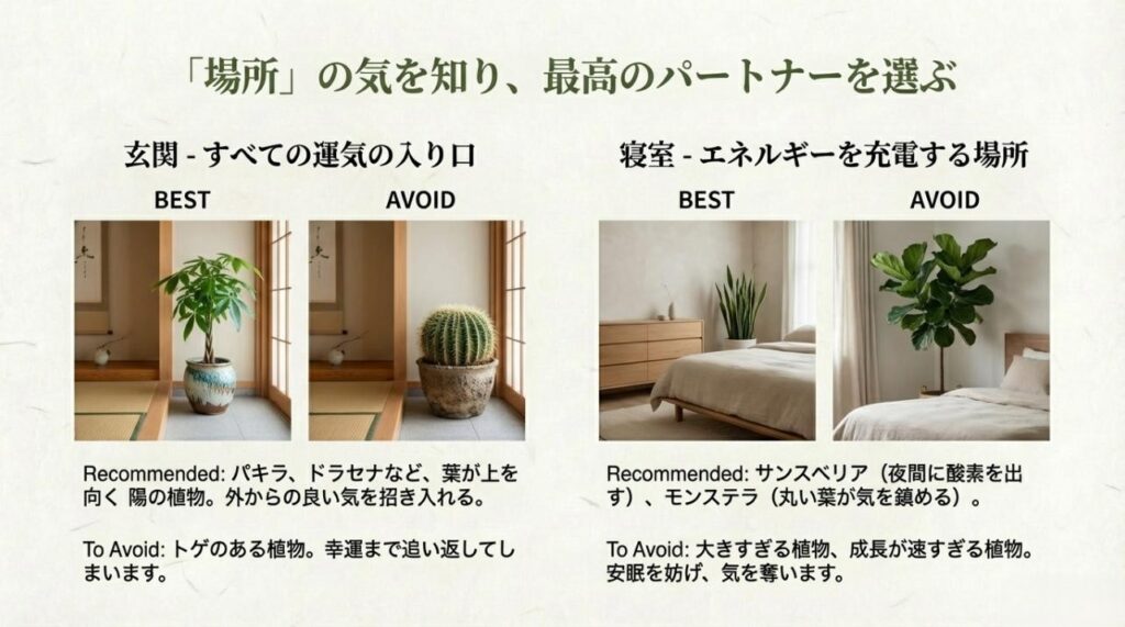 玄関に良いパキラや寝室に適したサンスベリア、逆に避けるべきトゲのある植物や大きすぎる植物を比較したガイドスライド