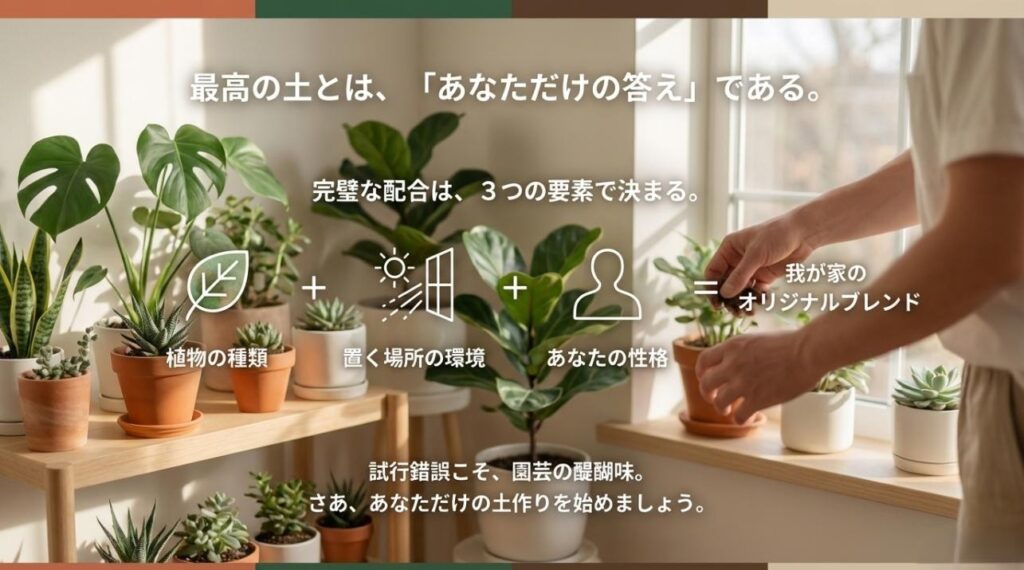 植物の種類、環境、性格の3つのバランスで自分だけの土作りを始めることを促すメッセージ画像