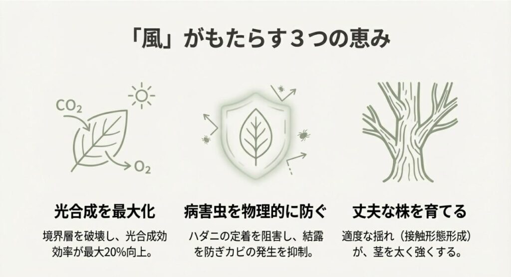風による光合成効率20%向上、病害虫防御、接触形態形成による茎の強化