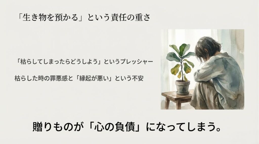 枯れかけた植物を前に落ち込む人のイラストと、「心の負債」についての解説