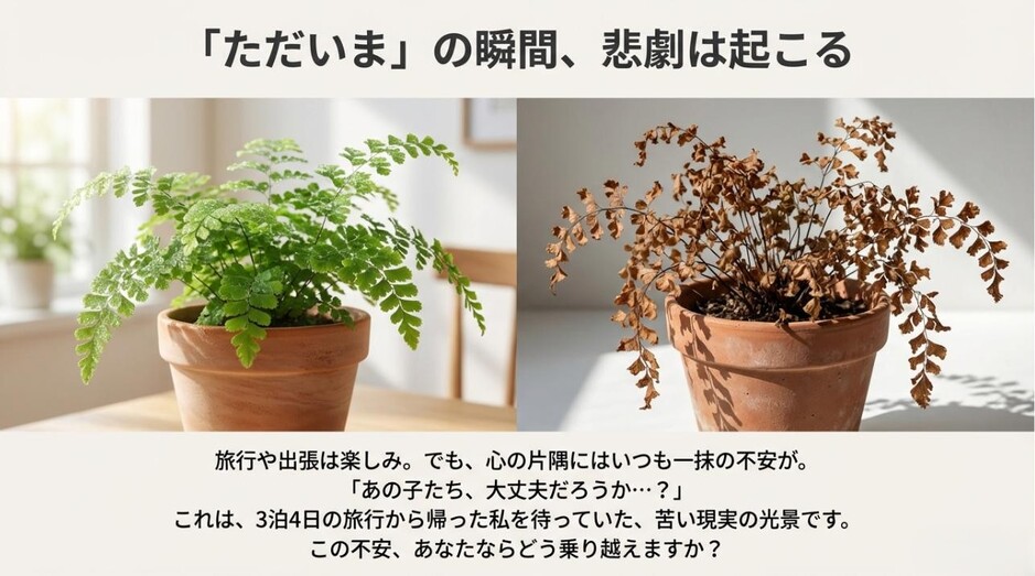 泊4日の旅行から帰宅した際、水切れで枯れてしまったアジアンタムと元気な植物の比較画像