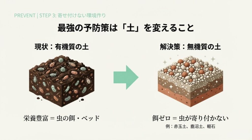 虫の餌となる有機質の土から、餌がなく寄り付きにくい無機質の土への変更を推奨する比較イラスト