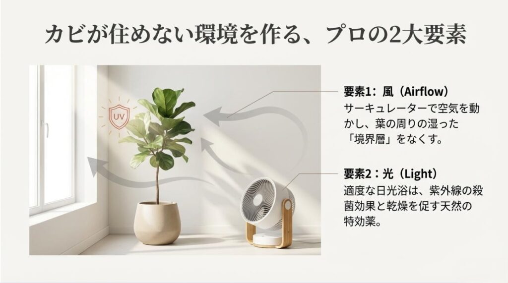 サーキュレーターによる空気の循環と日光の紫外線による殺菌効果を説明するビジュアル資料