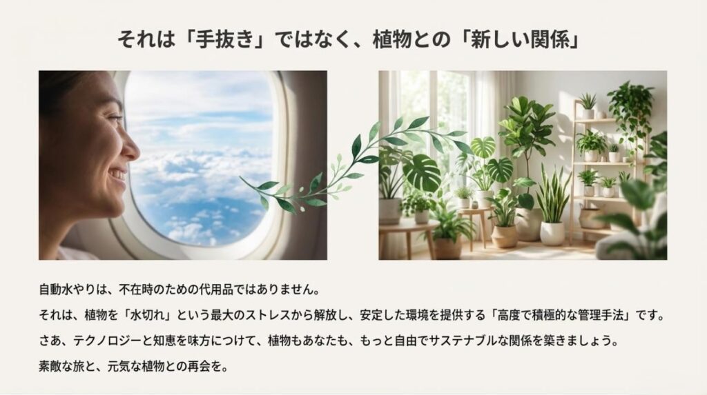 自動水やりを積極的な管理手法として取り入れ、旅行中も元気な植物と安心して暮らすイメージ