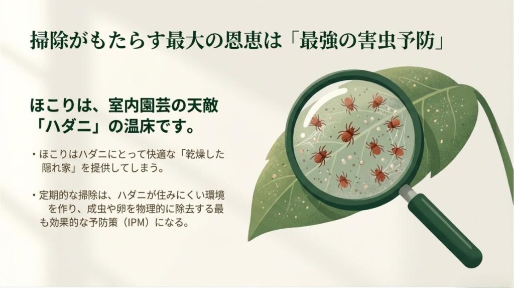 ほこり掃除がハダニの温床をなくし予防につながるメカニズム