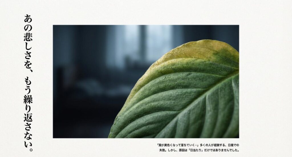 葉の縁が黄色く変色した観葉植物のアップ。「あの悲しさを、もう繰り返さない。」というコピー。原因は日当たりだけではないことを示唆するスライド