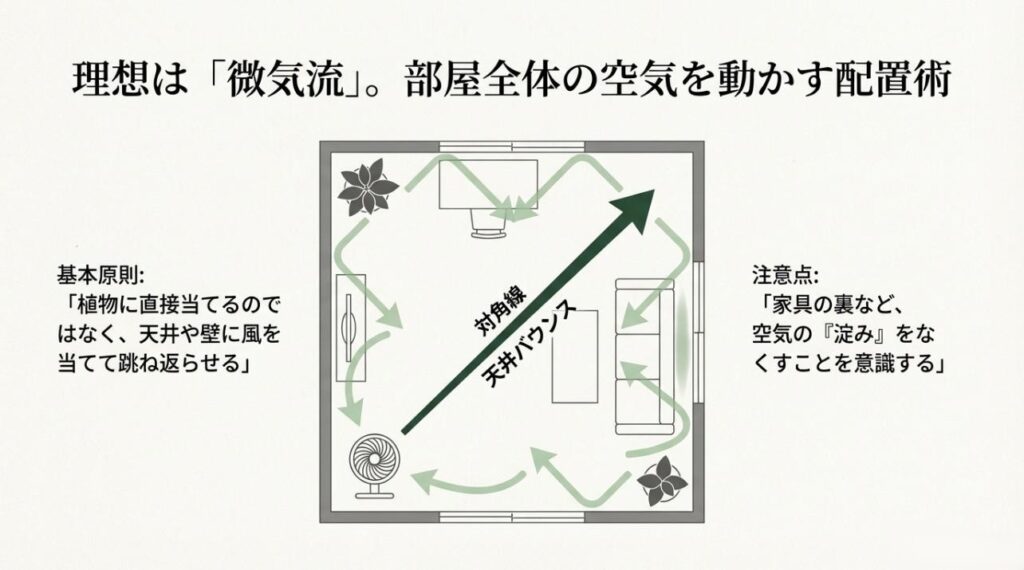 部屋の隅から対角線上の天井に向けて風を送り、壁を伝って空気を循環させる配置のイメージ図