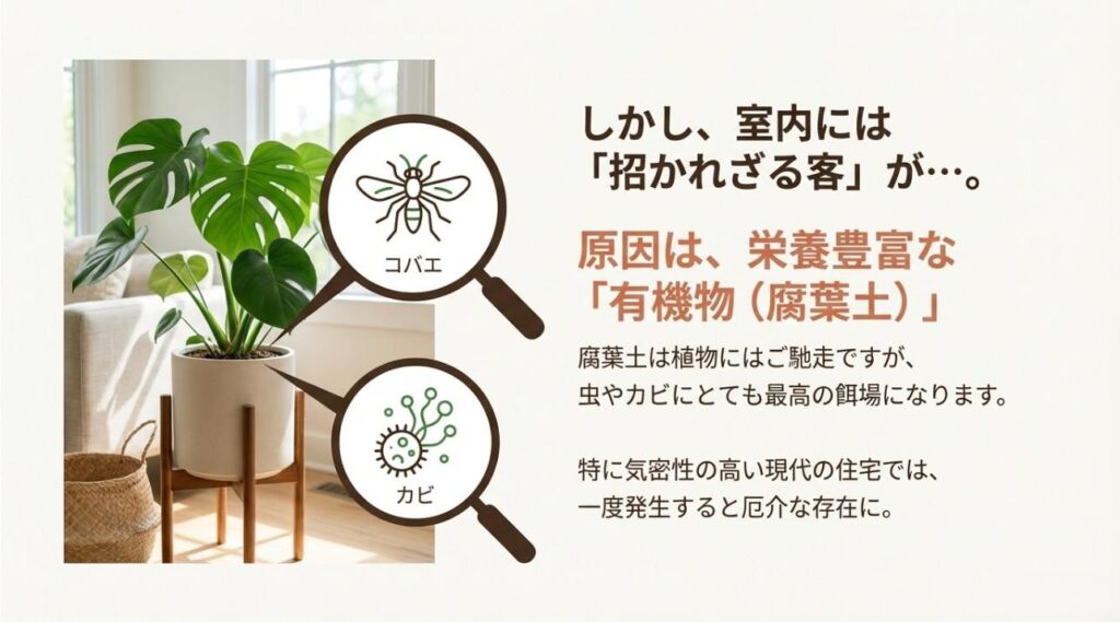 モンステラの鉢植えに寄ってくるコバエとカビの原因が有機質（腐葉土）であることを示すイラスト