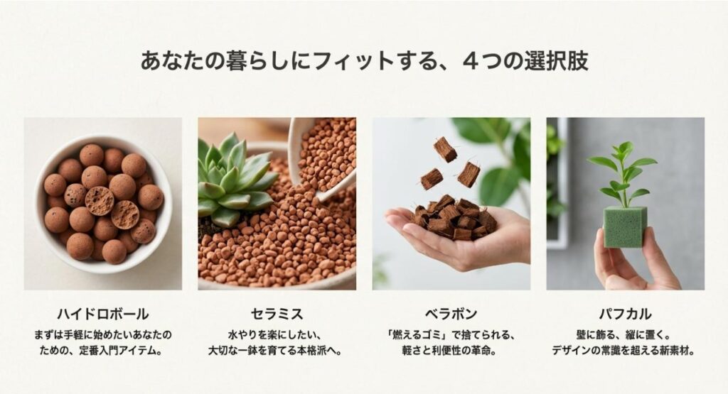 ハイドロボール、セラミス、ベラボン、パフカルの4つの資材の写真と紹介文