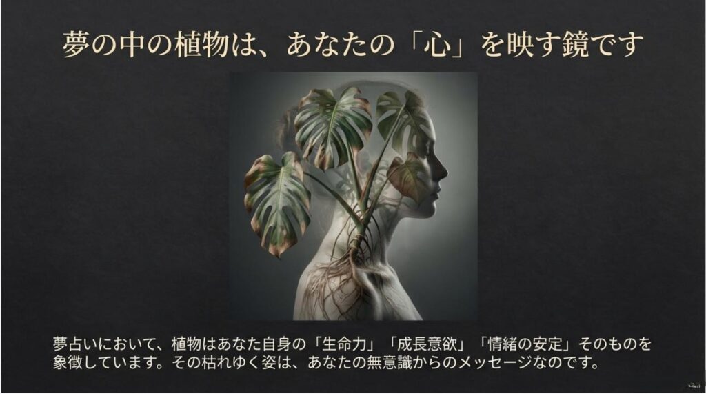女性の横顔に植物が重なるイメージと、植物が生命力や情緒の安定を象徴することを伝えるスライド