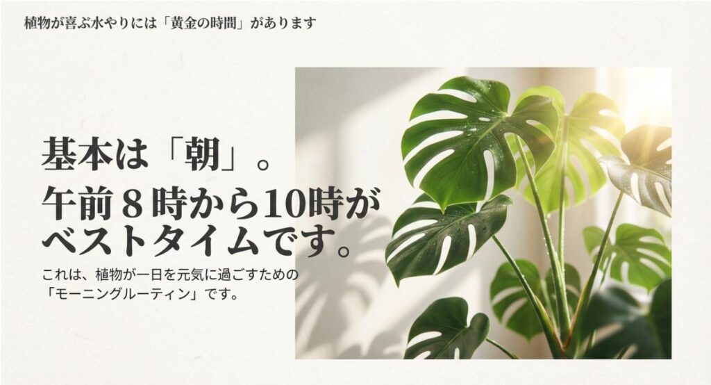 植物が喜ぶ水やりには黄金の時間があります」というタイトル。時計のイラストと共に、基本は朝の8時から10時がベストであり、これが植物のモーニングルーティンであると解説しているスライド