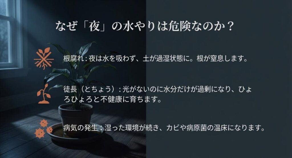 なぜ夜の水やりは危険なのか?」というタイトル。根腐れ、徒長、病気の発生という3つのリスクを挙げ、湿った土壌環境の危険性を警告するスライド