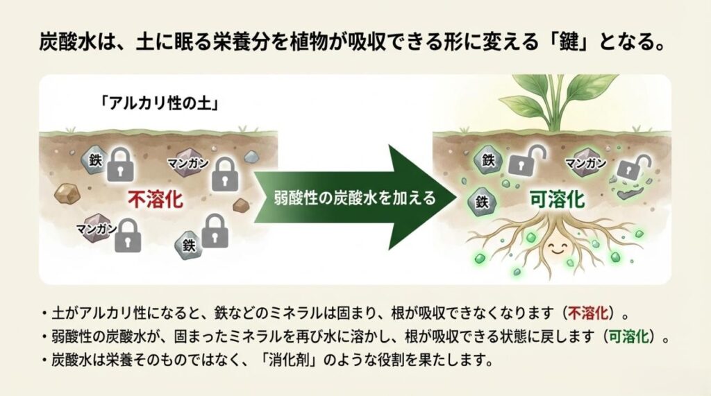 アルカリ性の土で不溶化した鉄やマンガンが、弱酸性の炭酸水によって可溶化され根に吸収される仕組みの図解