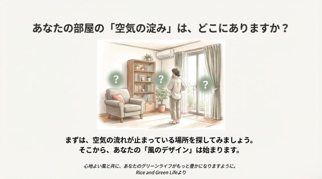 室内で空気が止まっている場所を特定し、風のデザインを開始するイメージ
