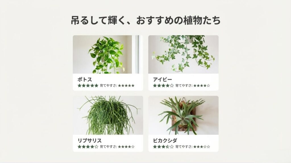 ポトス、アイビー、リプサリス、ビカクシダの紹介と育てやすさの星評価