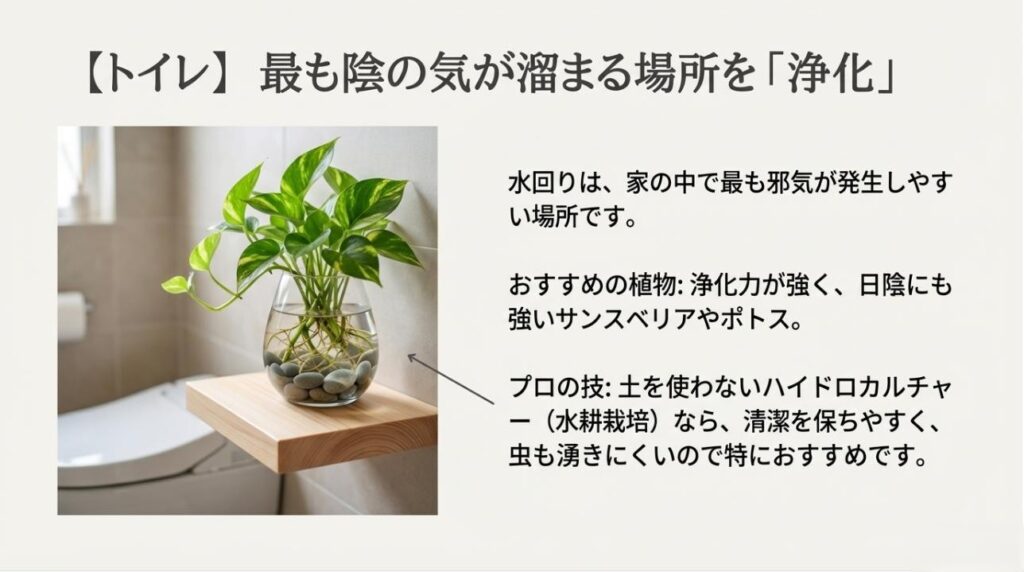 トイレの陰の気を浄化するサンスベリアやポトスの紹介と、清潔なハイドロカルチャー（水耕栽培）の解説スライド