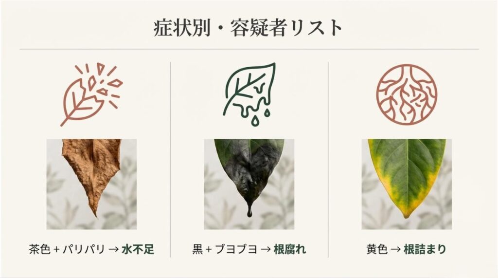 茶色は水不足、黒は根腐れ、黄色は根詰まりという、症状と原因の対応関係を一覧にしたまとめ画像