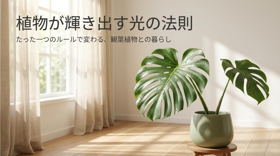 「植物が輝き出す光の法則」というタイトルと、おしゃれな観葉植物のイメージが描かれたブログ記事のアイキャッチ画像