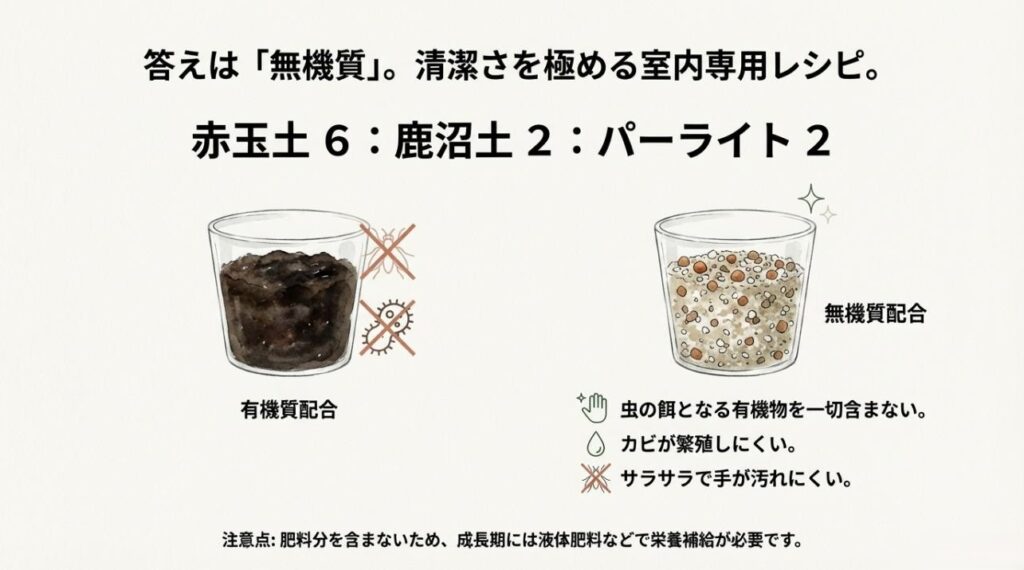 赤玉土6：鹿沼土2：パーライト2の無機質配合と、虫がわかずカビにくいメリットの比較
