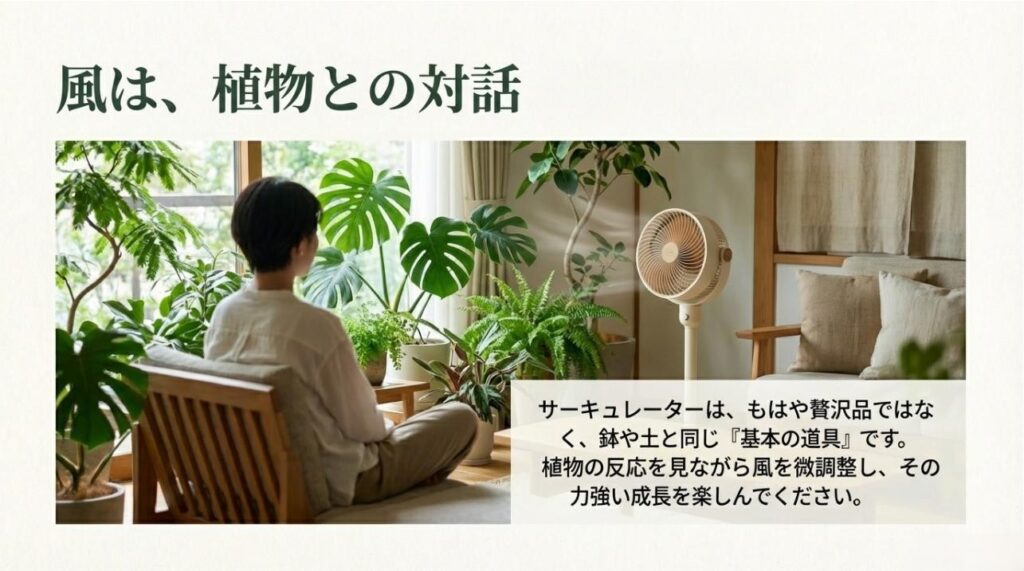 サーキュレーターは鉢や土と同じく植物育成の基本の道具であるというメッセージスライド
