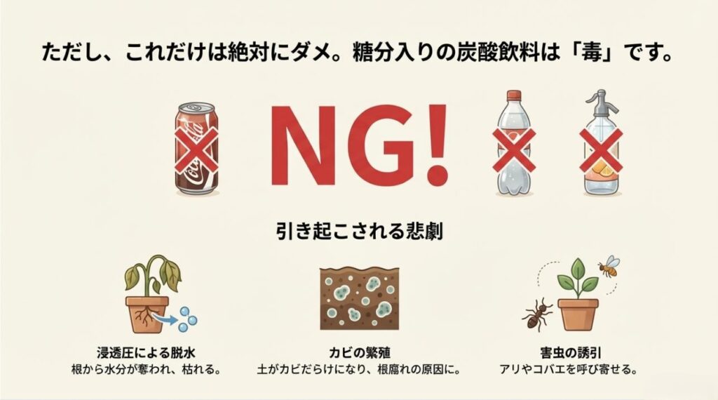 糖分入りの炭酸飲料が引き起こす、脱水、カビ、害虫のトラブルについての注意喚起イラスト