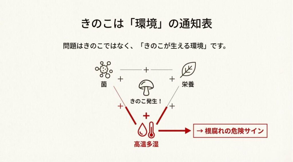 菌・栄養・高温多湿の3条件が揃うときのこと根腐れが発生しやすくなることを示す図解