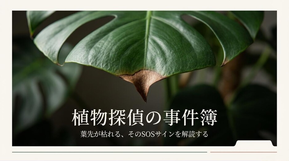 観葉植物の葉先が枯れるSOSサインを解読する方法を伝えるタイトルのアイキャッチ画像