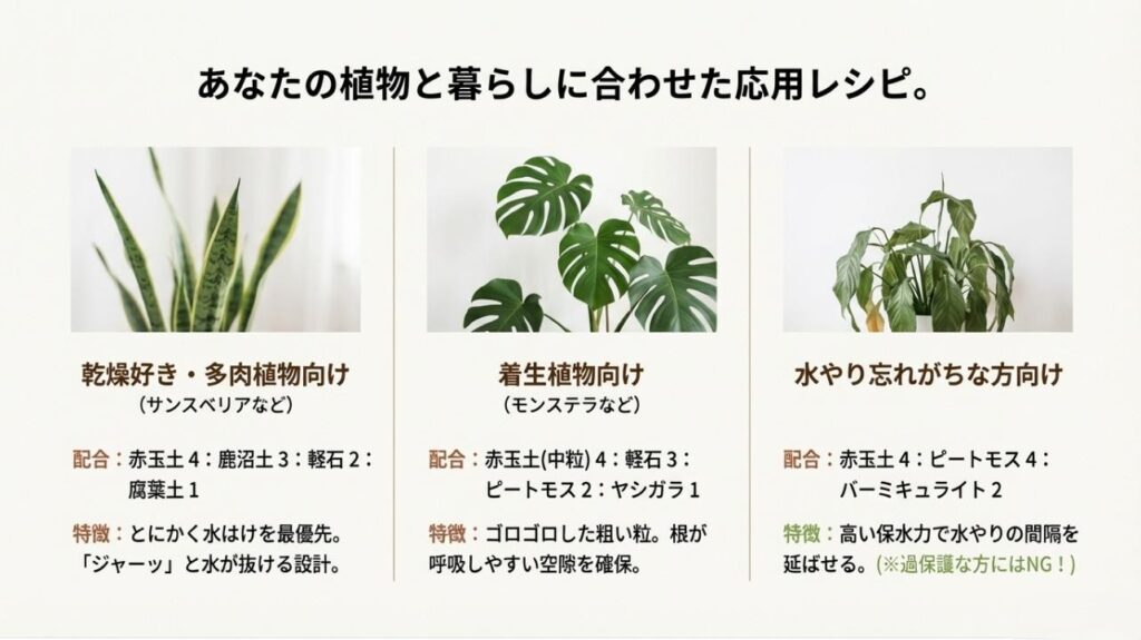 サンスベリア、モンステラ、水やりを忘れがちな人向けの3つの異なる土の配合比率