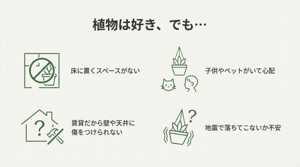 スペース不足、子供・ペットへの配慮、賃貸の傷、地震対策など吊るす前の不安をまとめたスライド