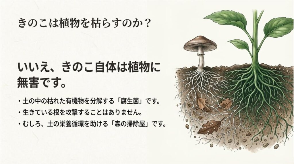 土の中で植物の根を攻撃せず、枯れた有機物を分解するきのこの仕組みを描いたイラスト
