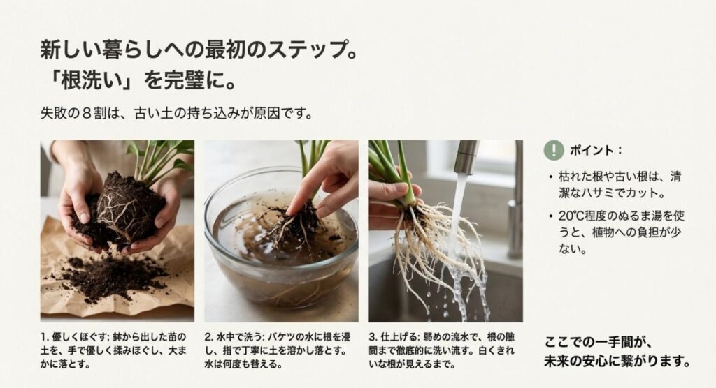 土をほぐし、水中で洗い、流水で仕上げる「根洗い」の工程を写真付きで解説したスライド