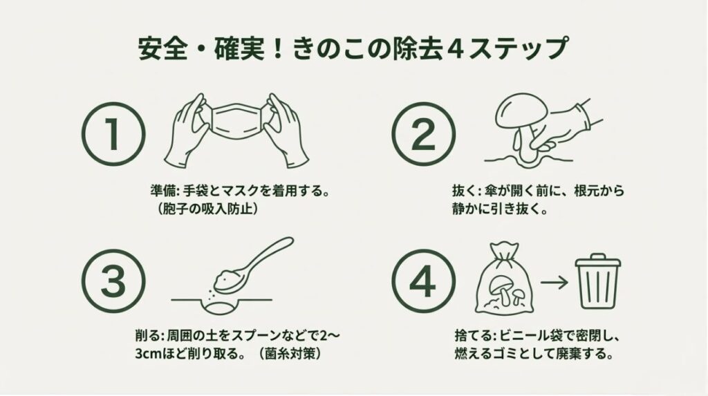 マスク・手袋の準備 、根元からの引き抜き 、周囲の土を2〜3cm削り取る処置 、密閉して捨てる という除去手順の図解