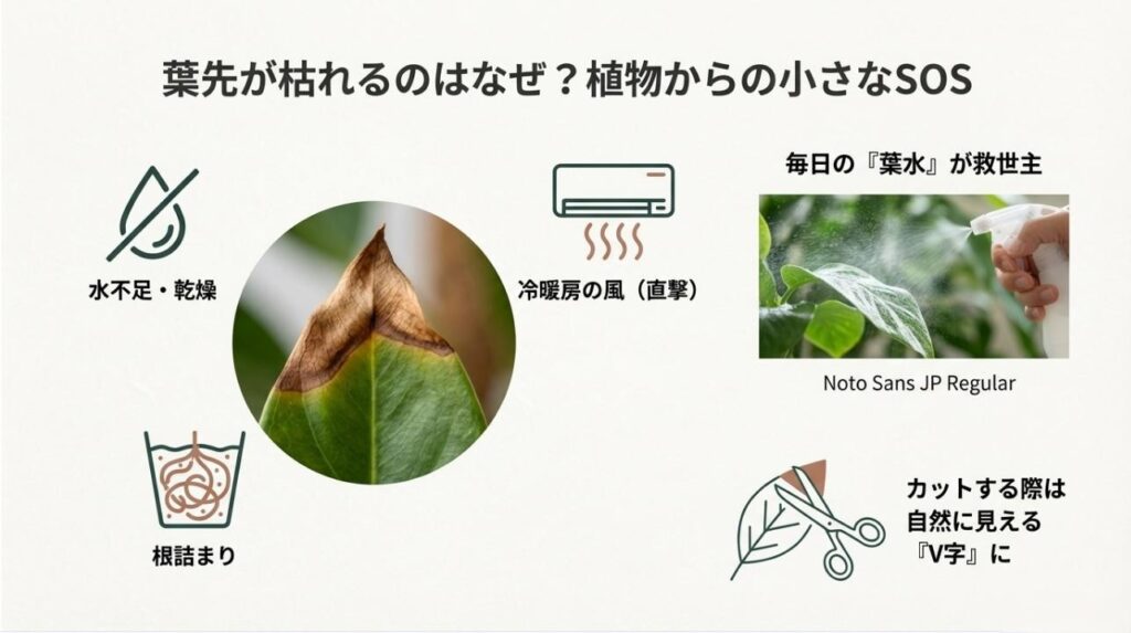 枯れた葉先をハサミでV字にカットする方法と乾燥対策の図解