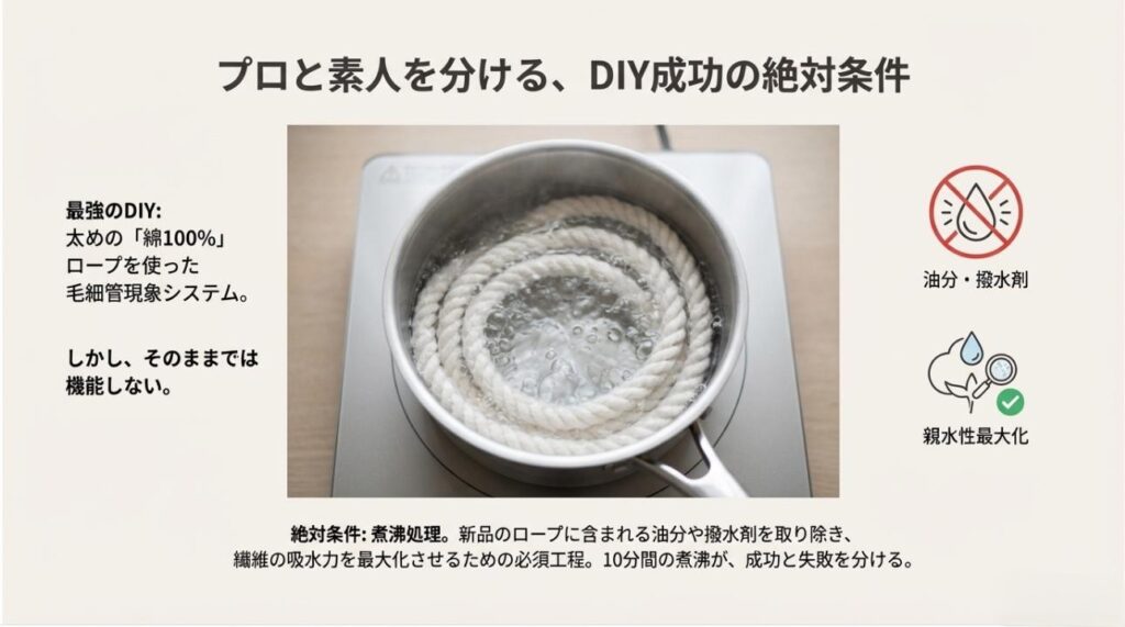 新品の綿ロープに含まれる油分を除去し、吸水力を最大化させるための10分間の煮沸工程