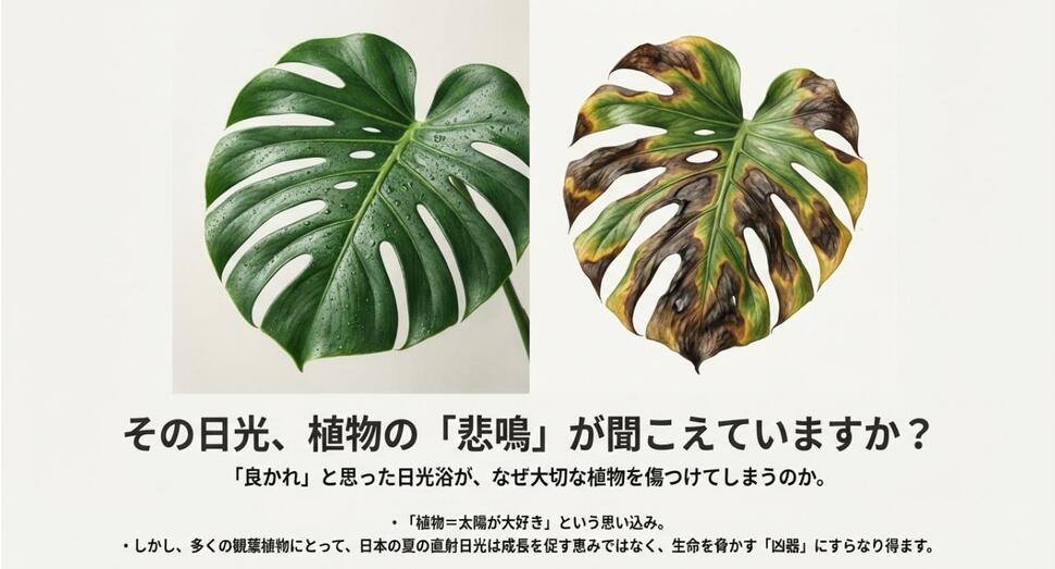 艶やかなモンステラの葉と葉焼けして茶色くなった葉の比較画像、および記事タイトルのスライド