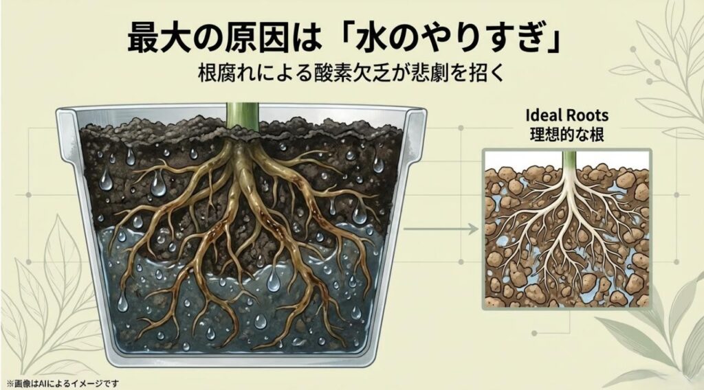 水のやりすぎが根腐れを招く理由と、目指すべき理想的な白い根のイメージ