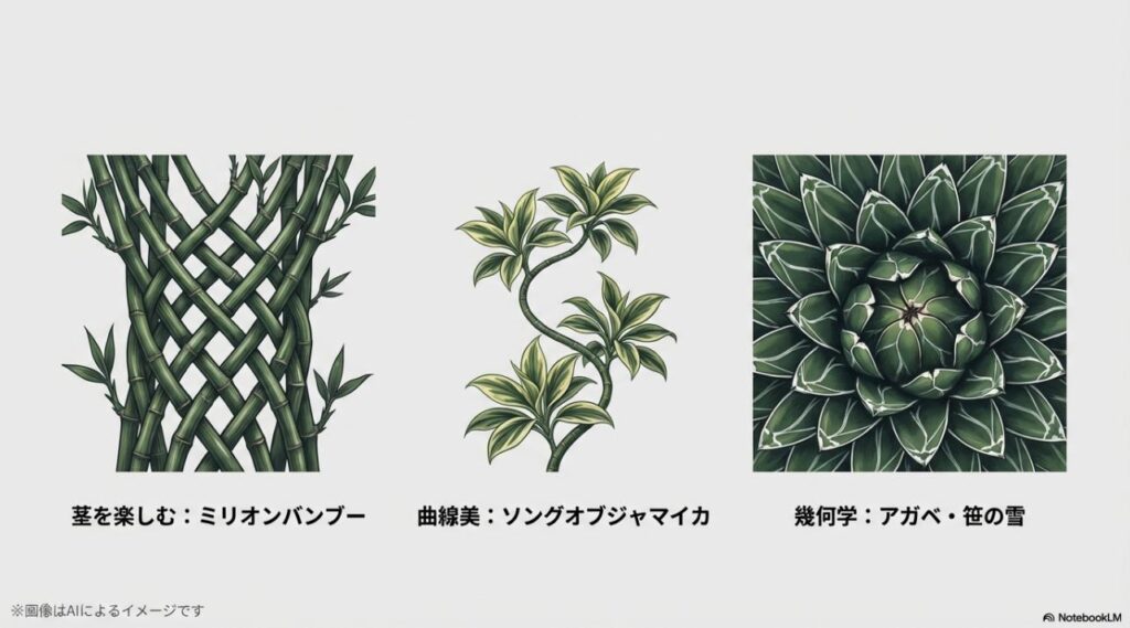 茎の編み込みや曲線の美しさ、幾何学的な模様が特徴的な、笹に似た植物のバリエーションを紹介するスライド