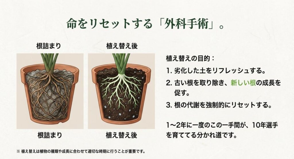 鉢の中で根が詰まった断面図と、植え替えによって新しい根が伸びるスペースが確保された状態の比較イラスト