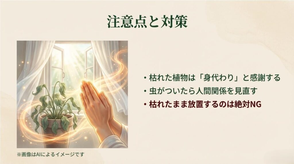 枯れた植物に感謝を捧げる様子と、身代わりや人間関係の見直しについて説いた注意点スライド。