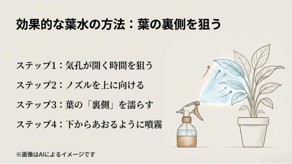 ノズルを上に向け、気孔が多い葉の裏側を濡らすための4つのステップを解説したスライド