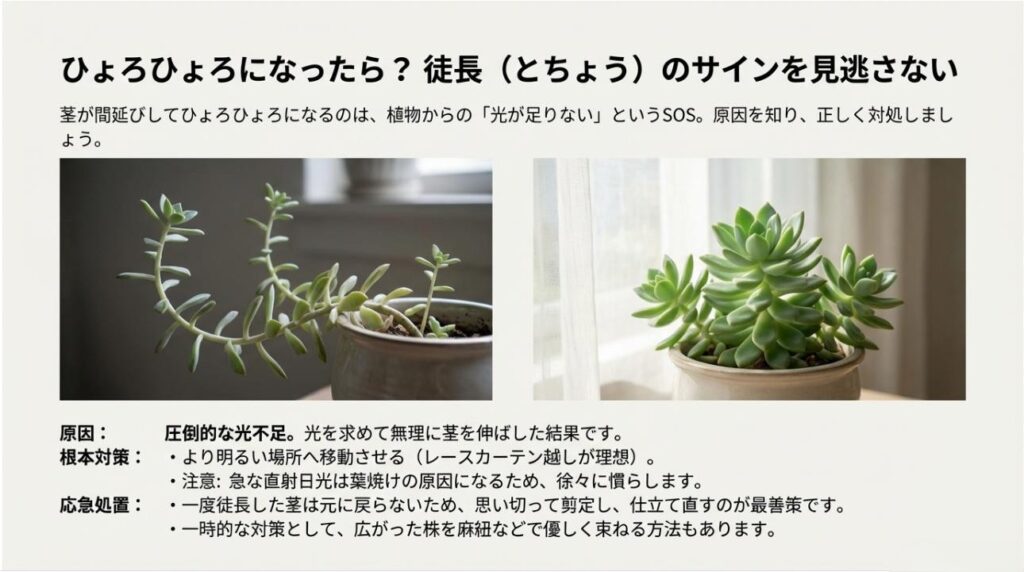 徒長して曲がった多肉植物の写真と、日光不足の解消や剪定などの対処法リスト