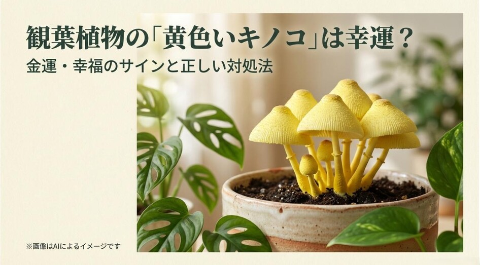 鉢植えに生えた黄色いきのこの写真と、幸運のサインや正しい付き合い方を伝えるタイトルのアイキャッチ画像