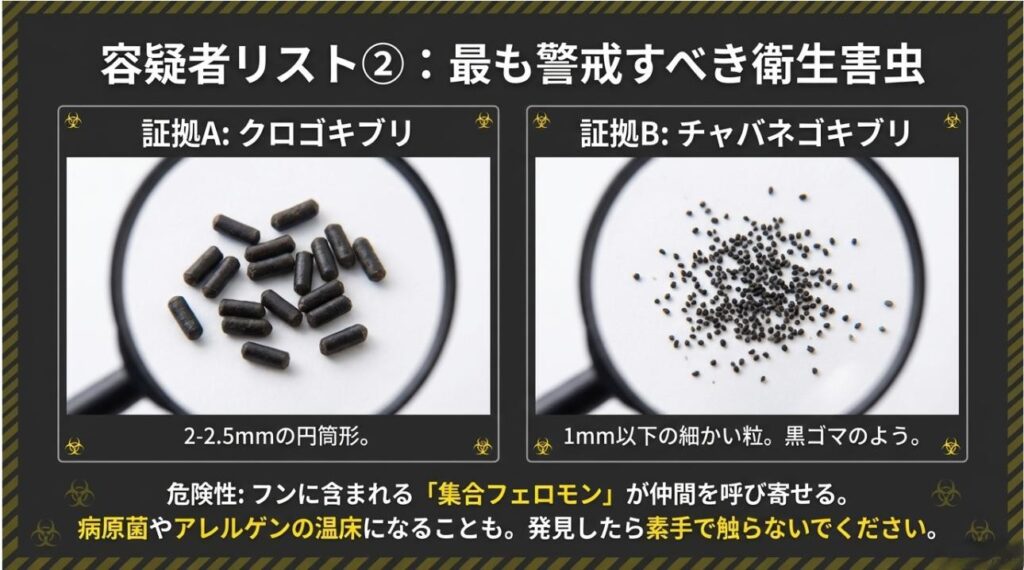 2.5mm程度の円筒形であるクロゴキブリのフンと、細かい粒状のチャバネゴキブリのフンを拡大比較した注意喚起スライド